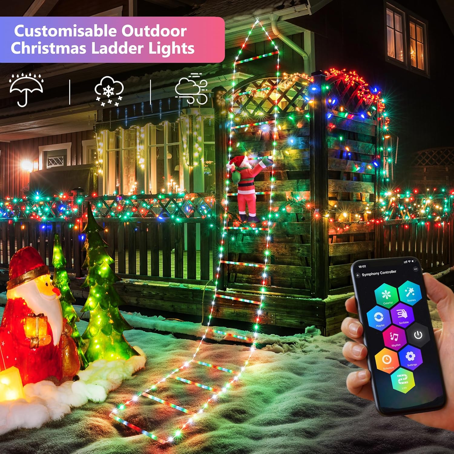 Toodour Christmas Decorations Lights, 10ft Smart RGB Christmas Decorative Lights with Santa Claus, Bluetooth & App Controlled Ladder Lights