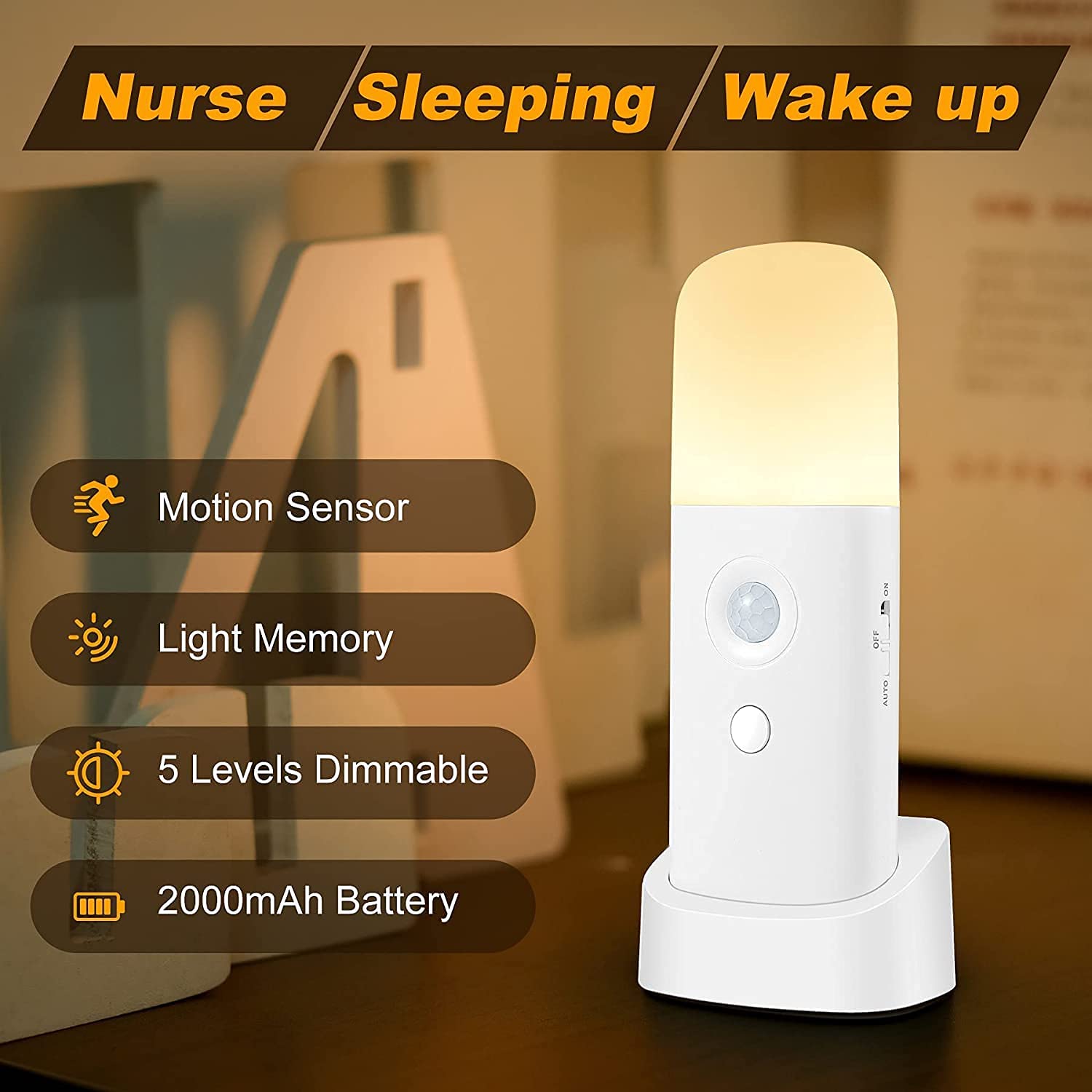 Motion Sensor Night light, Dimmable Night Lights with 5 Brightness Levels, 2000mAh Rechargeable Battery Operated Light,