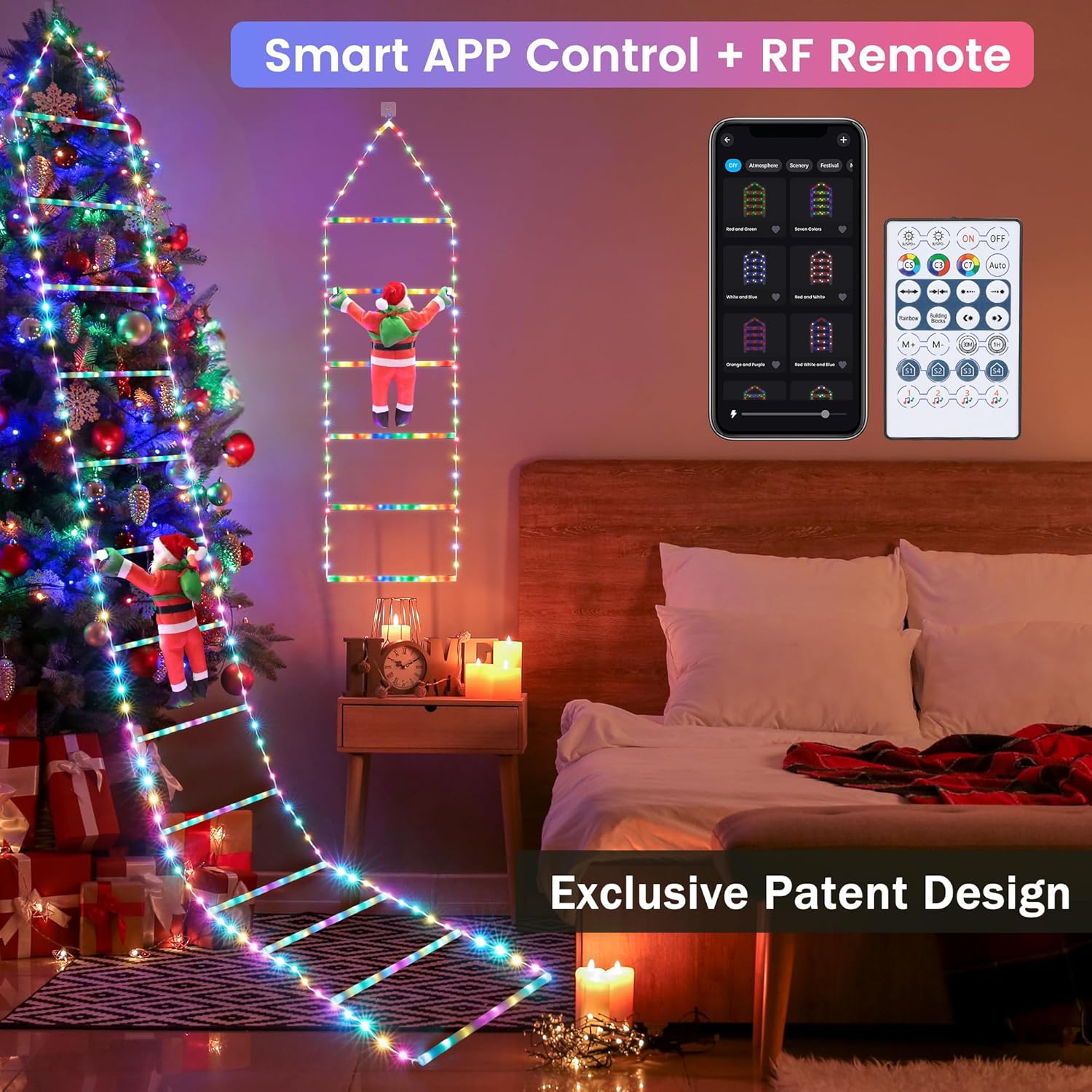 Toodour Christmas Decorations Lights, 10ft Smart RGB Christmas Decorative Lights with Santa Claus, Bluetooth & App Controlled Ladder Lights